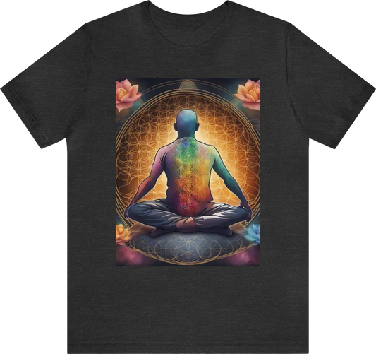 In the centre of the tshirt feature the flower of life with a human sitting in a meditative state with a rasiant light coming from the chest of the human surrounded by the 7 charakas in colour