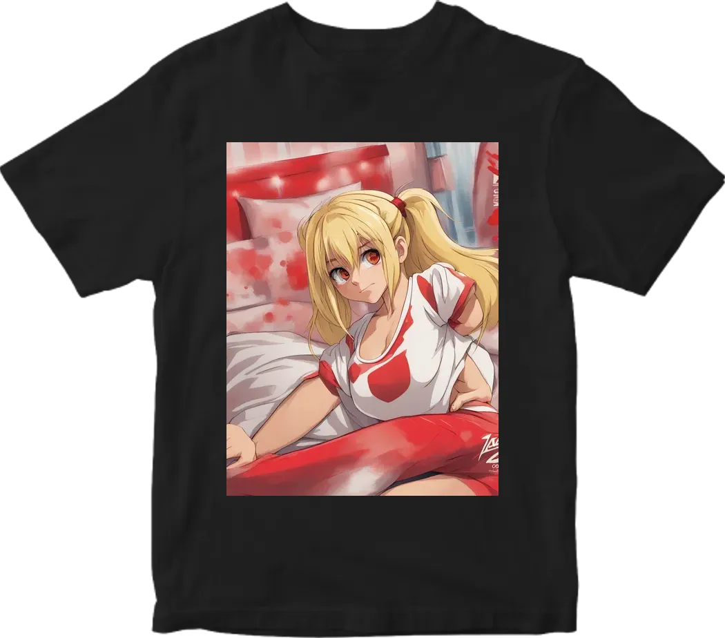 Blondy girl with ass. Print word 'zaza' red colored at the bottom, padding 10%