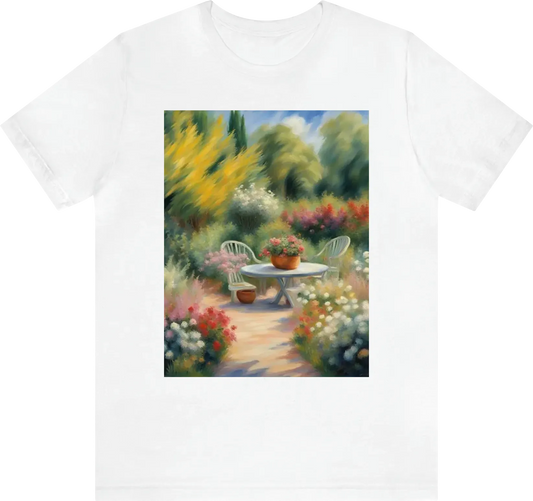 A hyper realistic impressionist paintings of a beautiful millennials contemporary garden in the style of Pierre-Auguste Renoir, visible brushstrokes, rough shading, visual intensity, emotional intensity, vivid, insanely beautiful, very stylish, solid tast