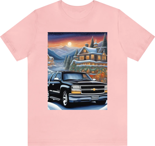 Be as specific and descriptive. black 2003 chevy Tahoe lowered on shiny rims driving with a Christmas scenery in the background a full image of scenery.. illustration, 8k