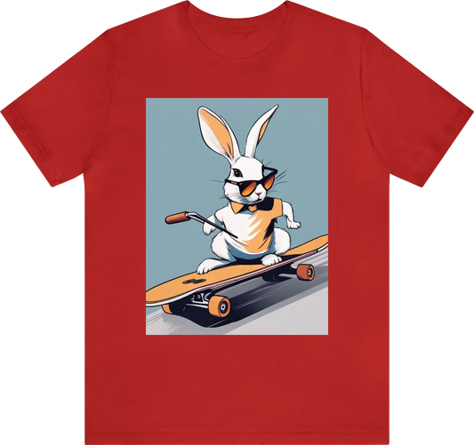 A rabbit wearing sunglasses, riding a skateboard
