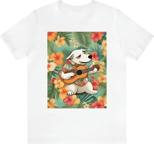 A dog wearing a Hawaiian shirt and playing the ukulele on a tropical beach