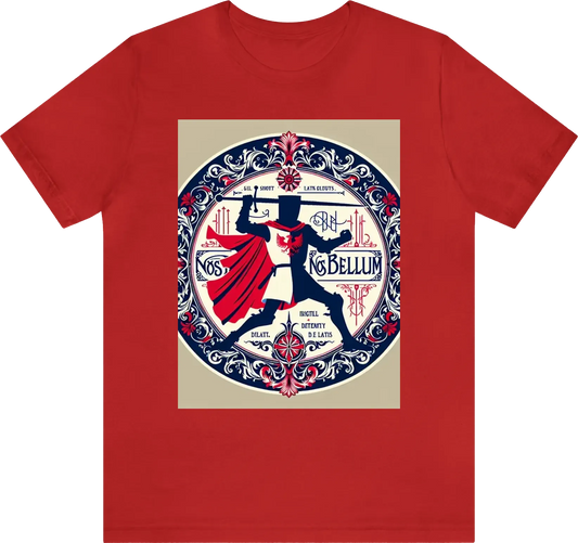 A silhouette of a knight throwing a javelin at an enemy while wearing red/white/blue clothing with anoverall theme of Red and gold using ornate designs to make this the most regal shirt ever created. USE "NOS BELLUM" in the artwork. Reduce the background