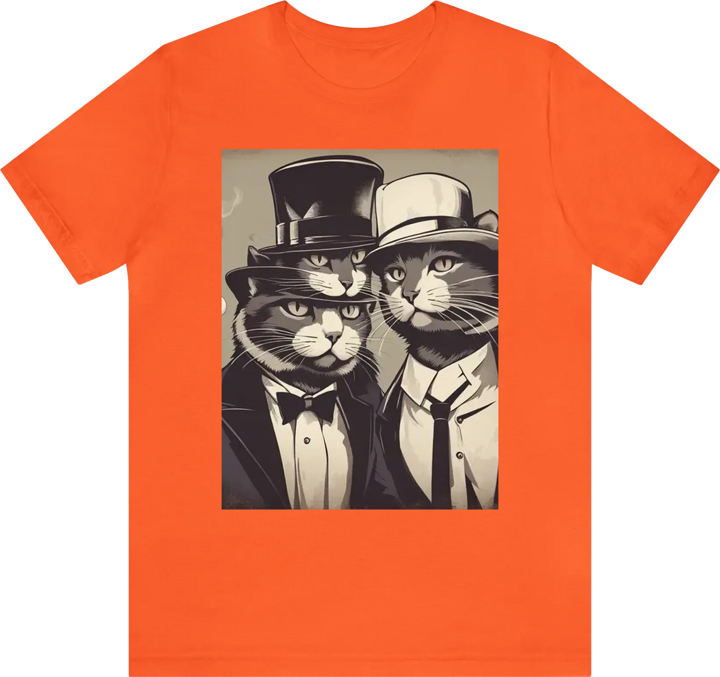 Two classic businessman cats with hats standing facing each other and conversating while smoking in retro style