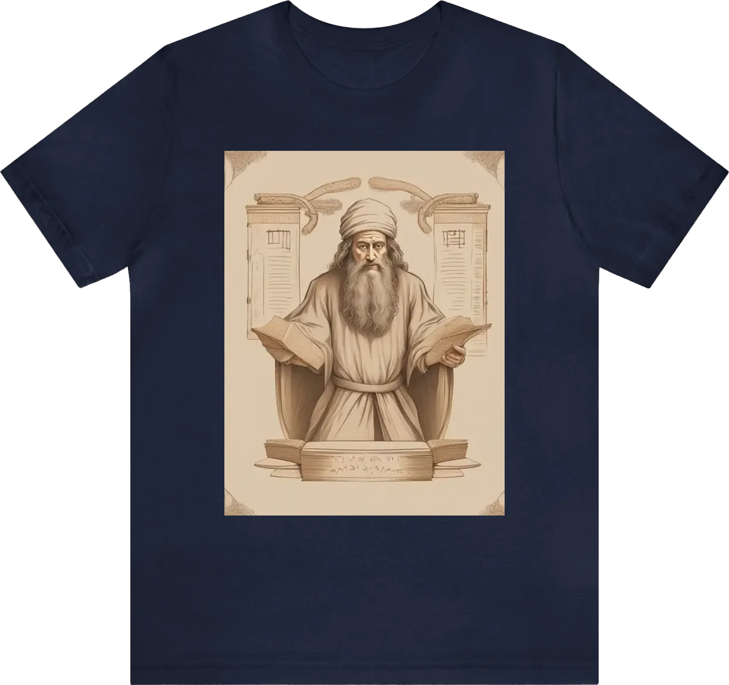 Create a t shirt leonardo da vinci style that shows a  ancient hebrew prophet  with the torah in the background