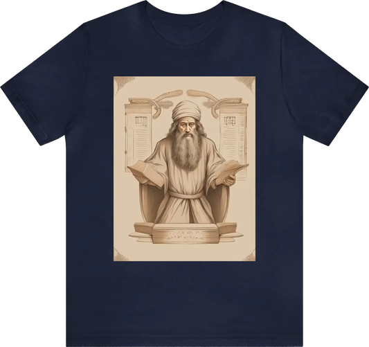 Create a t shirt leonardo da vinci style that shows a  ancient hebrew prophet  with the torah in the background