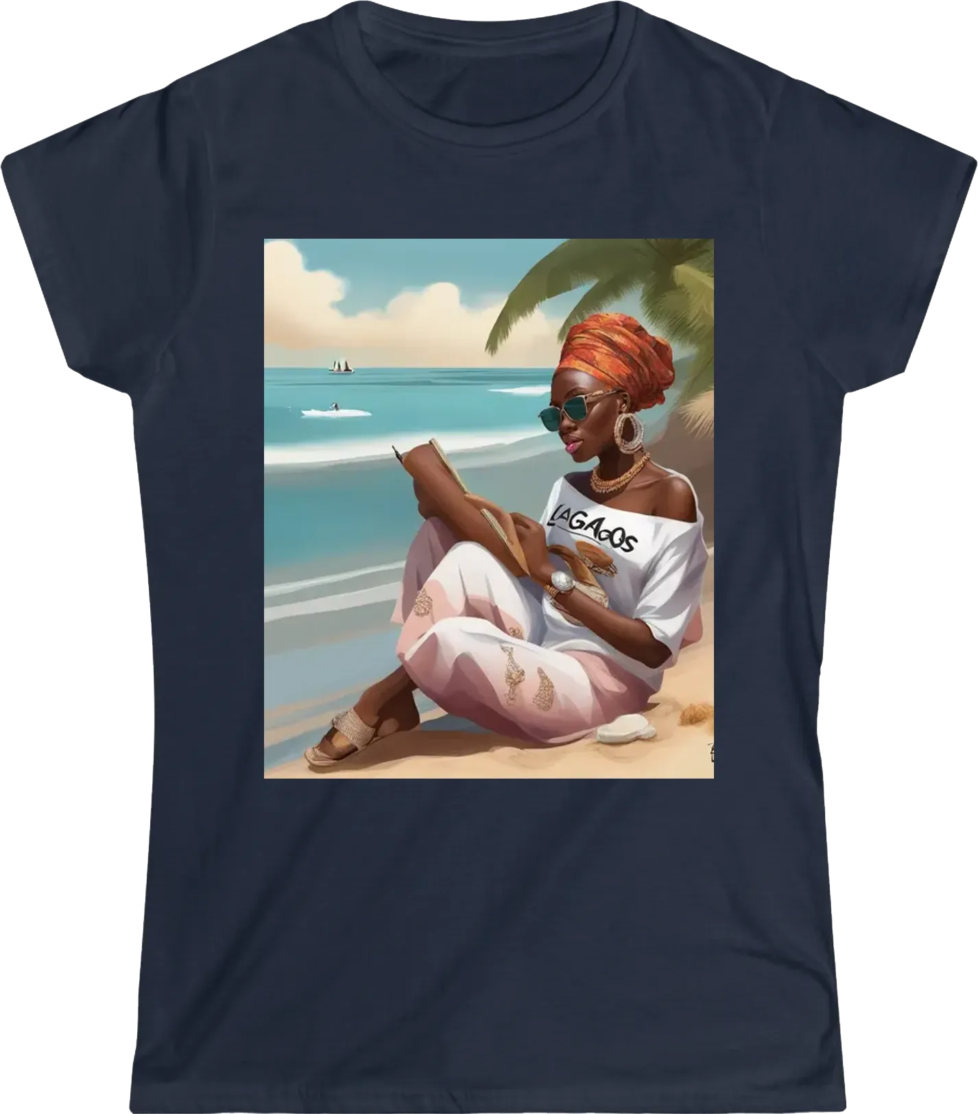 Write lagos on shirt with beach life a baeutiful yoruba girl sitting by the beach