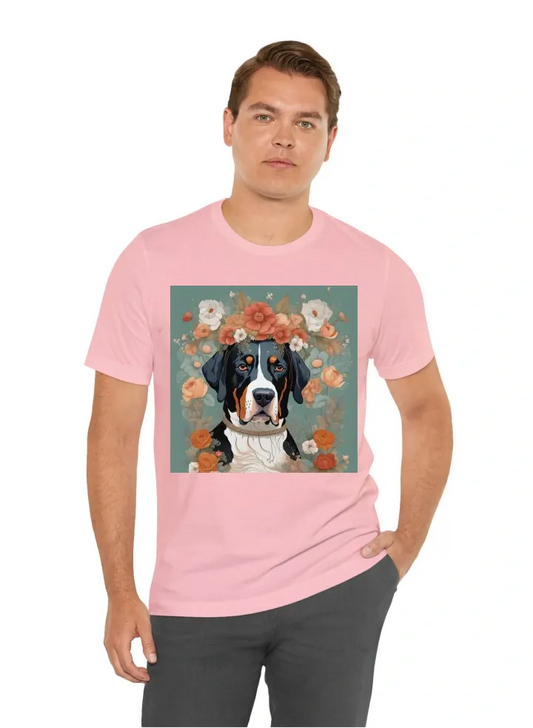 Great swiss mountain dog in royal seat with flowers on her head