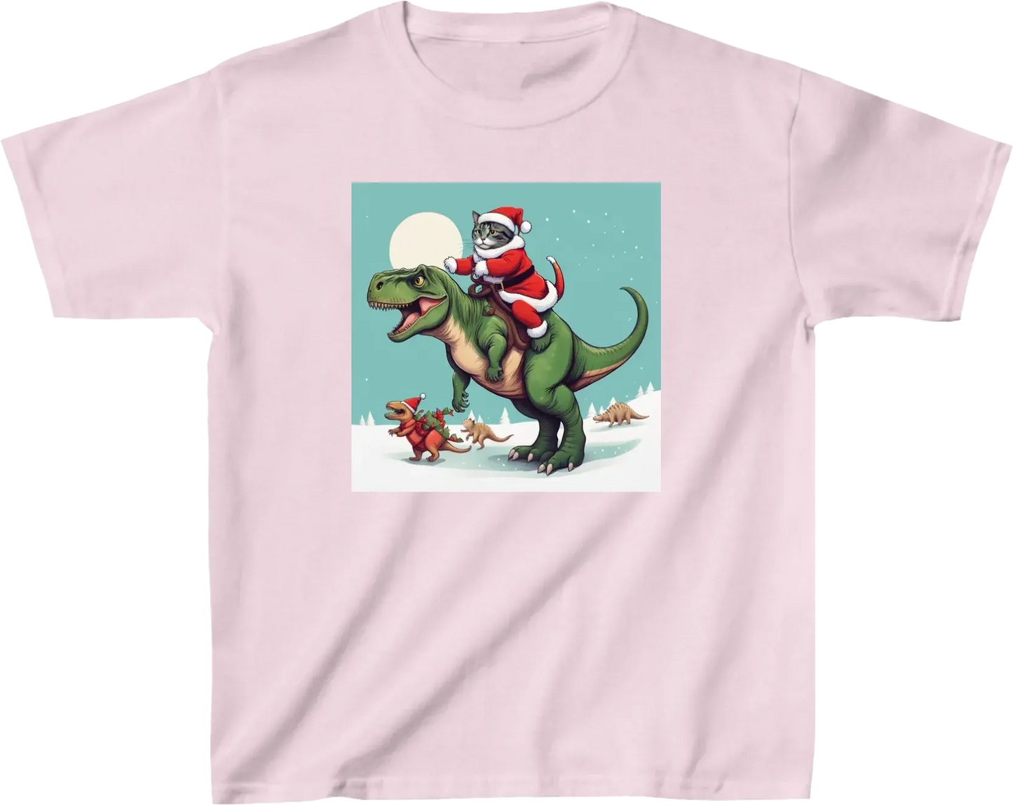 Cat in santa clothes Riding A Dinosaur T Rex Christmas illustration