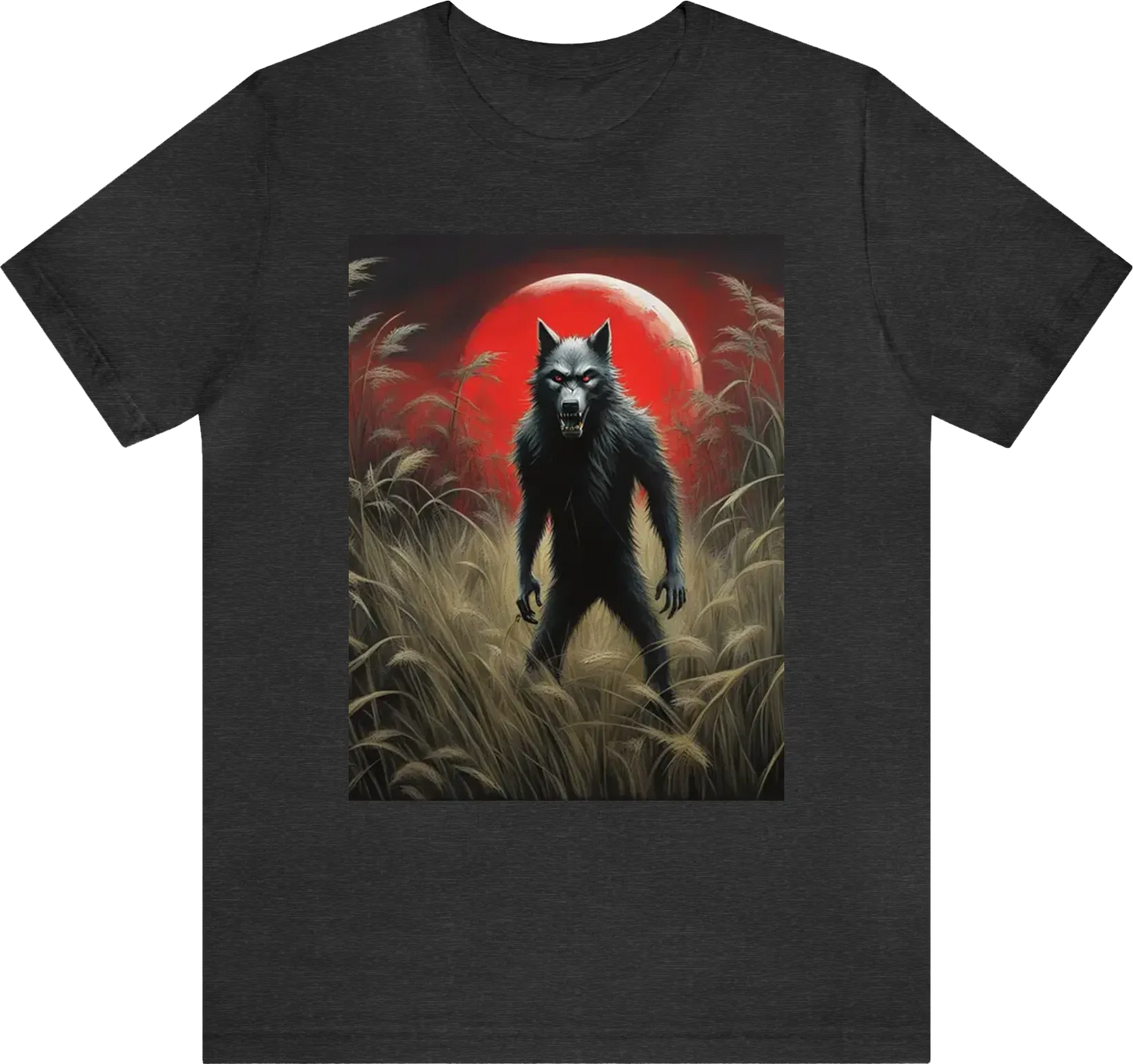 Dogman/werewolf full body standing in tall grass red eyes