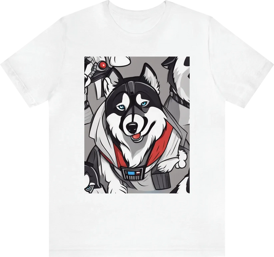 A husky wearing a darth vader costume in a cartoon style