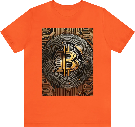 The bitcoin logo in a modern and mysterious way by ensuring that the background of the image is identical to that of the t-shirt