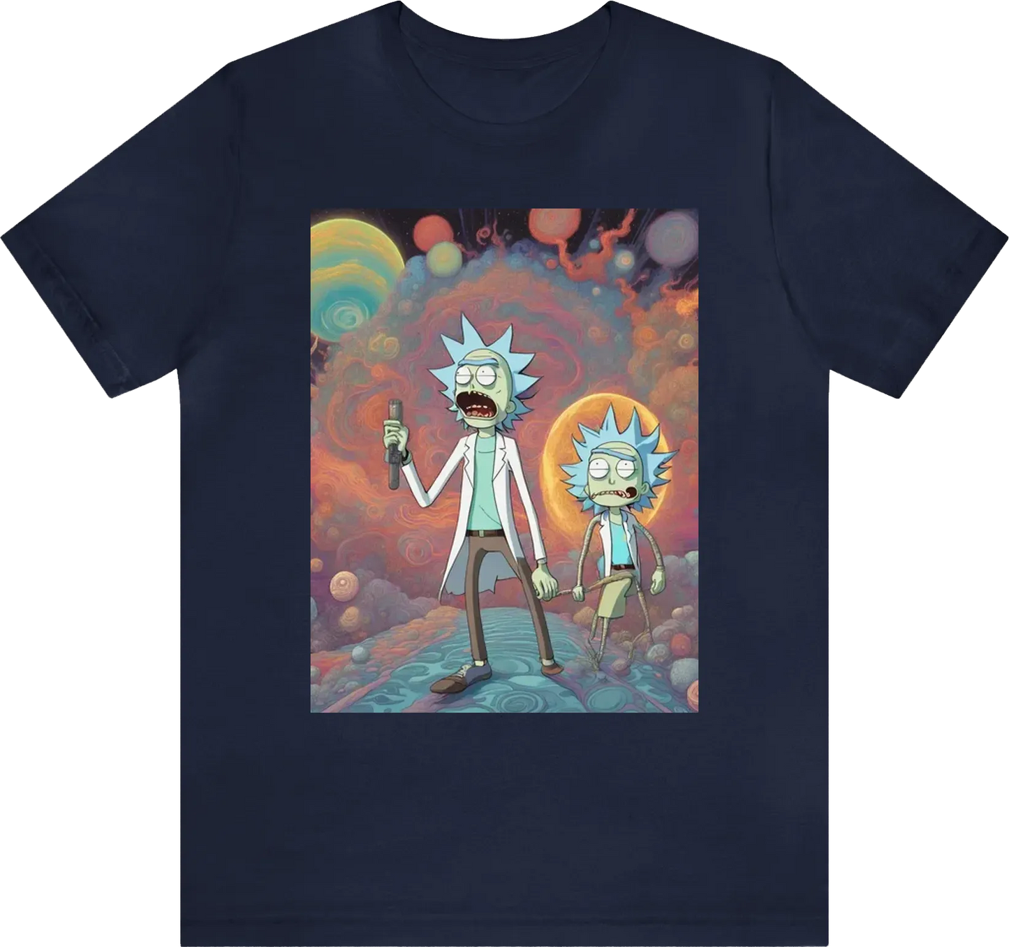 Rick and morty in a design that draws inspiration from Jhonen Vasquez and Kentaro Miura, with a color palette influenced by Hirohiko Araki, and a visual aesthetic inspired by the trippy style of Alex Grey.