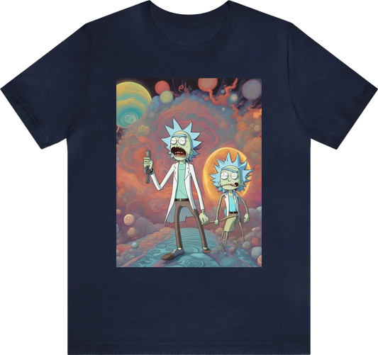 Rick and morty in a design that draws inspiration from Jhonen Vasquez and Kentaro Miura, with a color palette influenced by Hirohiko Araki, and a visual aesthetic inspired by the trippy style of Alex Grey.