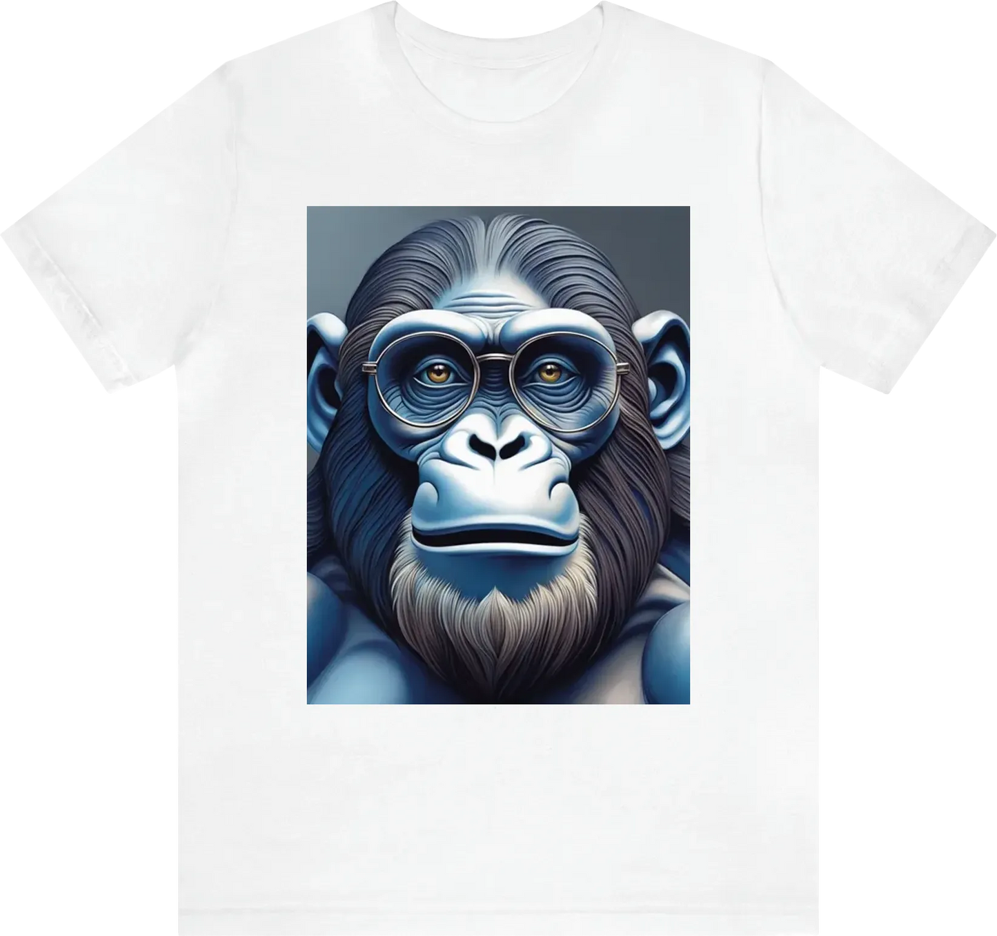 A face of an ape for a brand named "the good ape". It wears round glasses, smiles with teeth, has a parting in his long hair in the middle of its head, blue eyes
