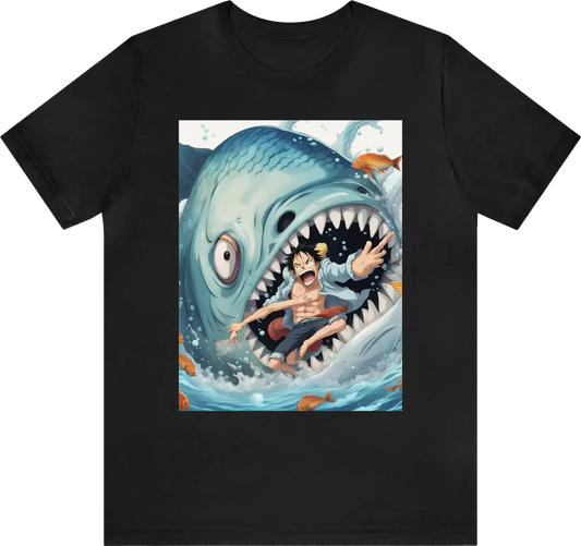 A man getting swallowed by a big fish, hi-def anime one piece style.