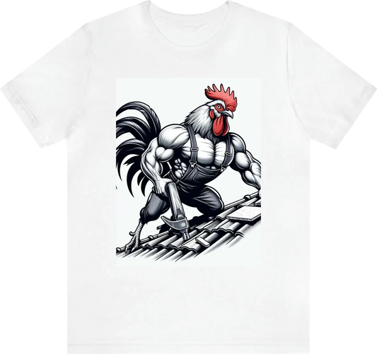 a roofworking big musscle rooster and has a hammer and tiles in his leg, the whole rooster has to be on the picture