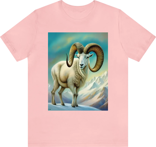 Make a picture of a 44 inch horn dall sheep on a snowy mountain with Mt Denali in the background. make the horns very uniform on size and shape