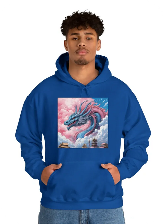 I want a powder like blue hoodie with a pink Oriental dragon flying through the clouds in a modern fantasy Style anime