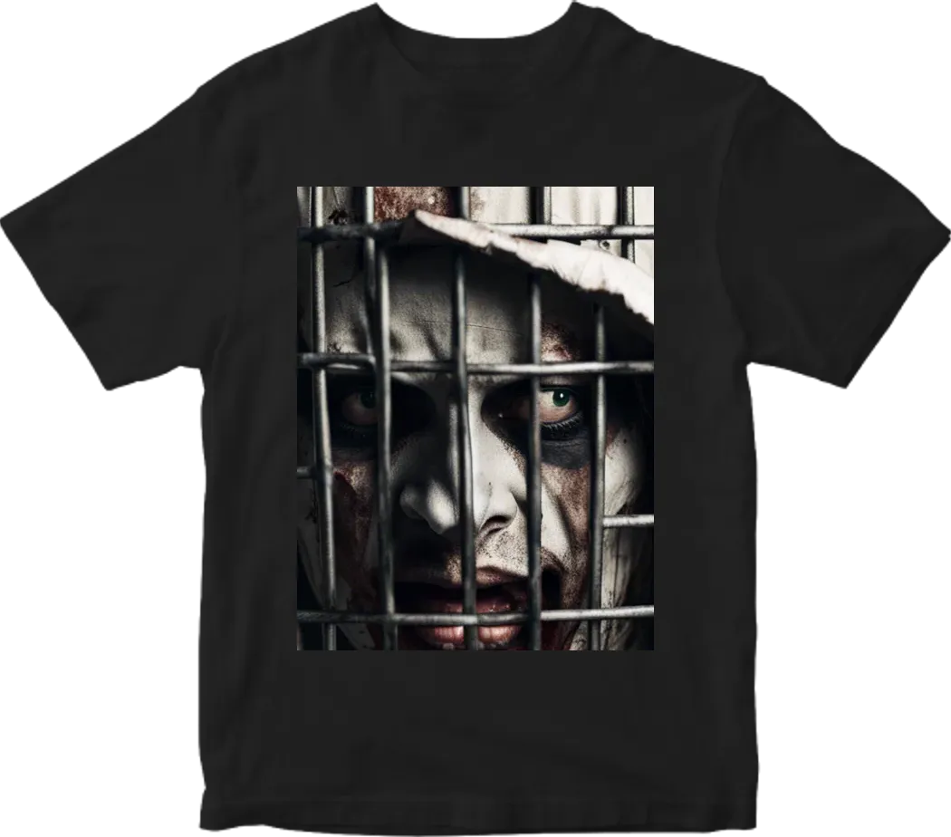 Horror themed man in straight jacket with a cage on his head jackle