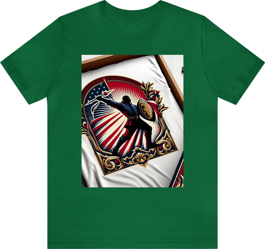 Make an elegant shirt with a silhouette of a knight throwing a javelin at an enemy while wearing red/white/blue clothing with anoverall theme of Red and gold using ornate designs to make this the most regal shirt ever created.