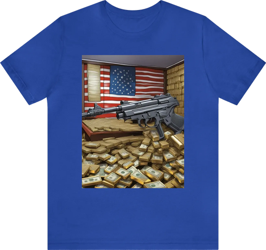 A room with 9mm guns and assault rifled and gold bricks and money with the United states flag on the wall,  3d rendering, illustration, comic, 8k, no mistake