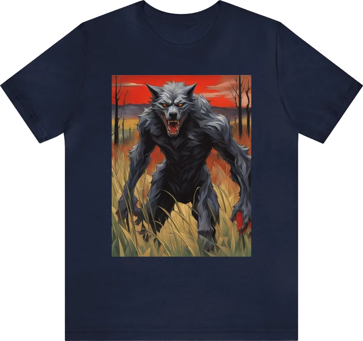 Dogman/werewolf full body standing in tall grass red eyes