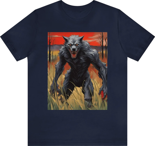 Dogman/werewolf full body standing in tall grass red eyes