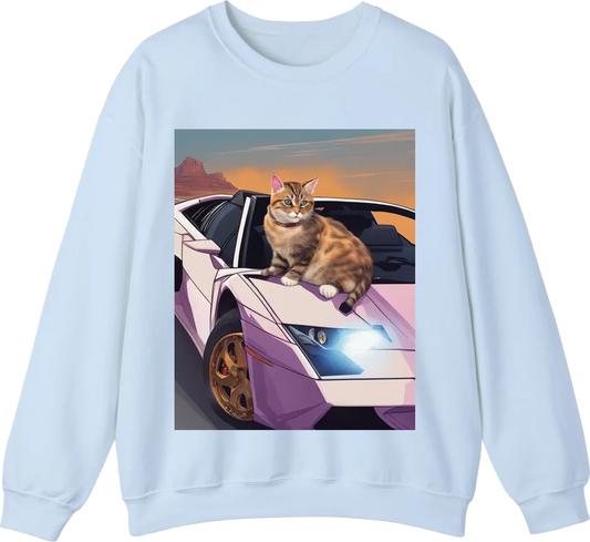 Cat driving lamborghini holding a gun