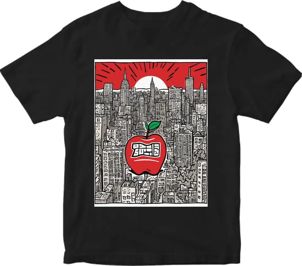 Big red apple, new york city background,  art by keith haring