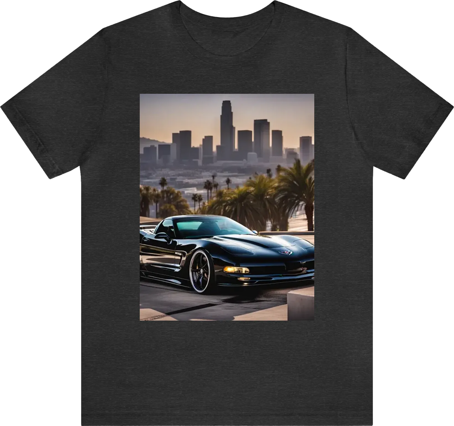 Lowered 2002 black chevy Corvette on shiny chrome rims with the downtown los Angeles skyline, comic 8k, 4k