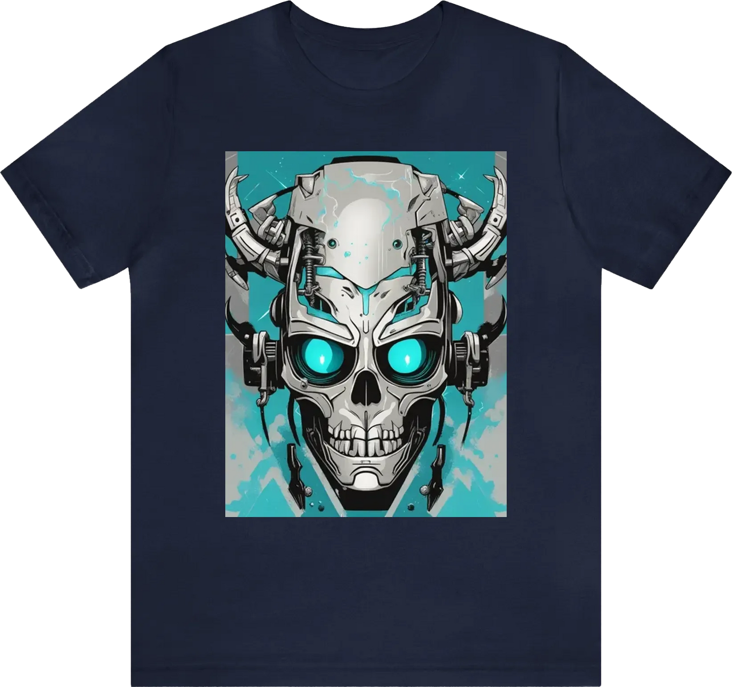 Robot with skull, metallic face, cyan lightning eyes, and horns , flat colors for screen printing