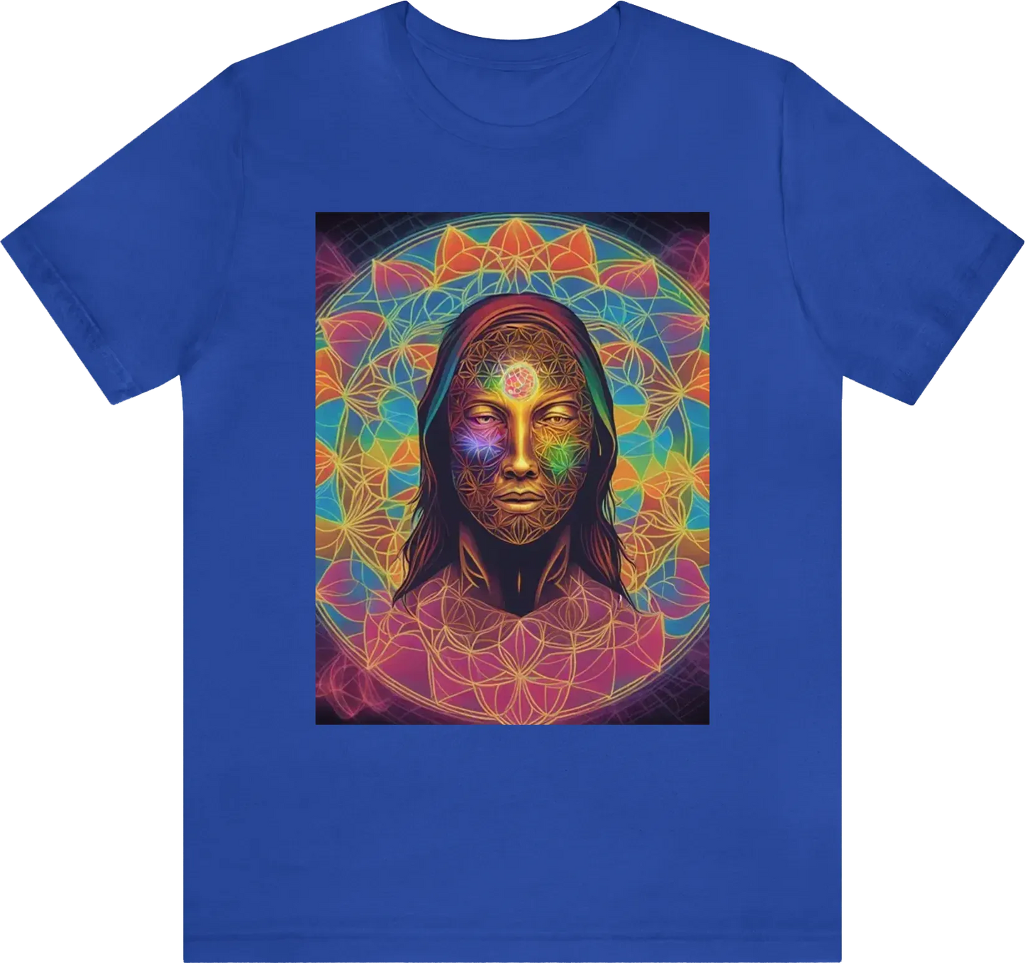 In the centre of the tshirt feature the flower of life in colour with a human stood verically threw the flower of life with a radiant light coming from the chest of the human surrounded by the 7 charakas in neon colour