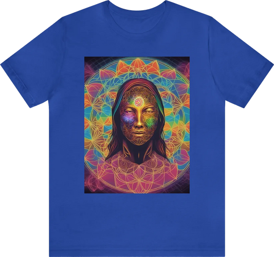 In the centre of the tshirt feature the flower of life in colour with a human stood verically threw the flower of life with a radiant light coming from the chest of the human surrounded by the 7 charakas in neon colour