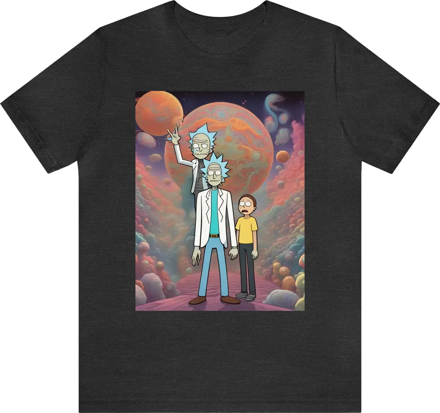 Rick and morty in a design that draws inspiration from Jhonen Vasquez and Kentaro Miura, with a color palette influenced by Hirohiko Araki, and a visual aesthetic inspired by the trippy style of Alex Grey.