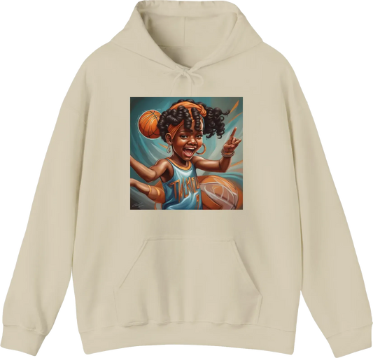 Little black girl, twirling basketball on her finger, hip hop, Ernie Barnes, cartoon