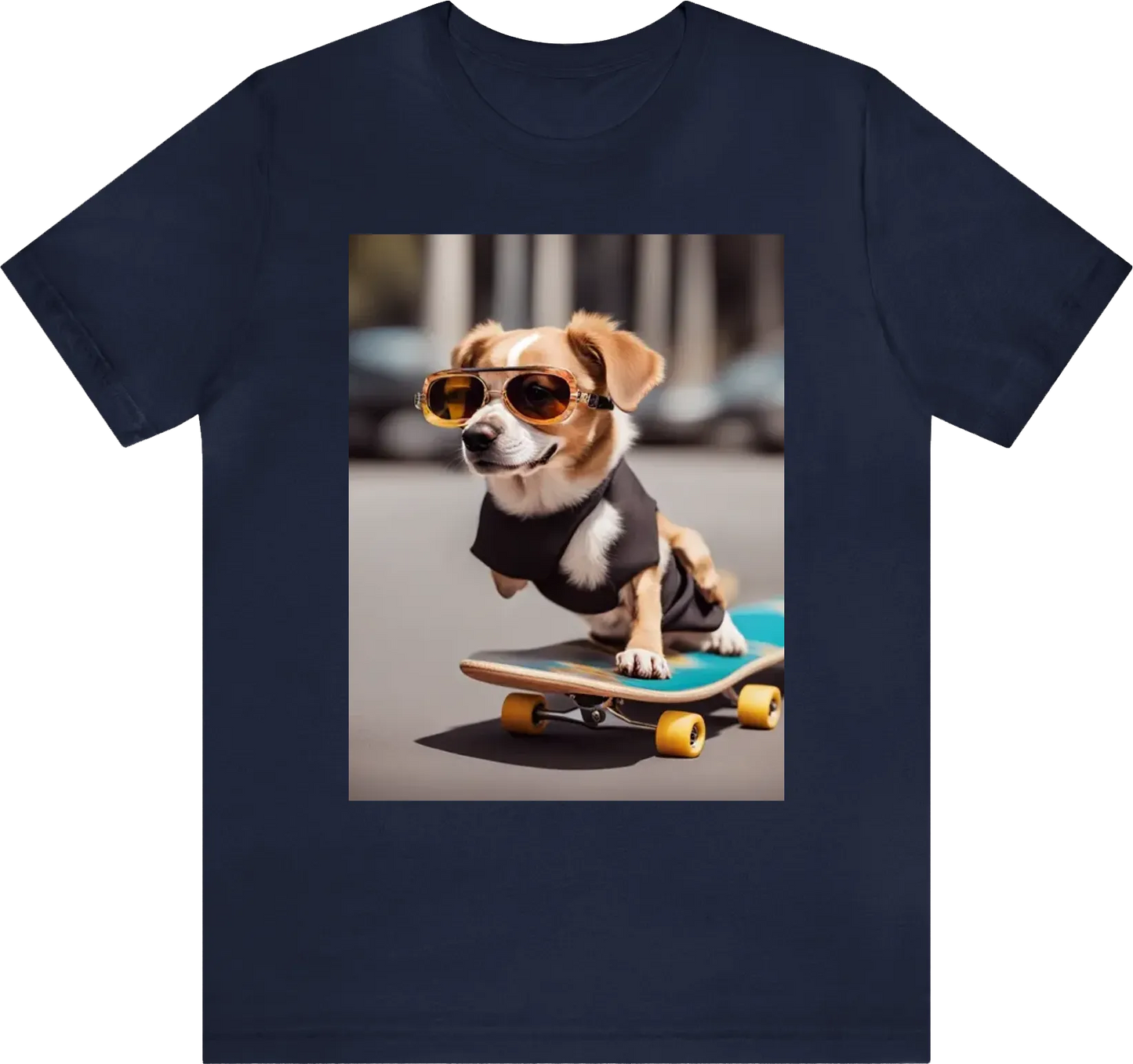 A dog wearing sunglasses and riding a skateboard