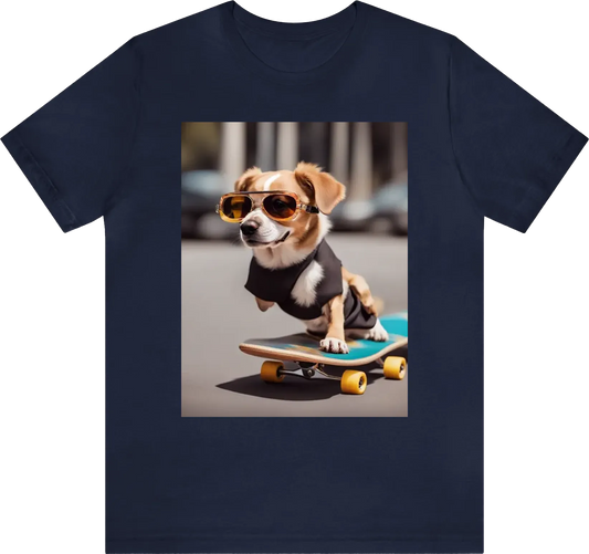 A dog wearing sunglasses and riding a skateboard