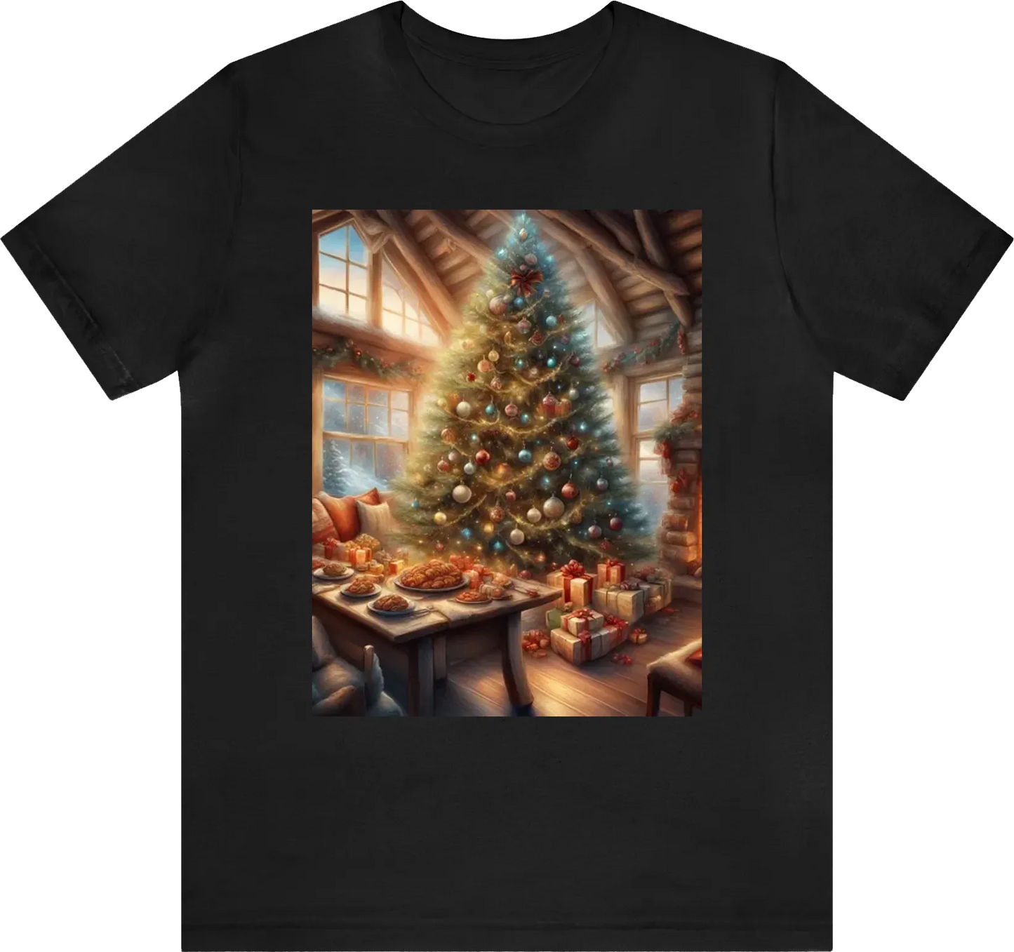 Be as specific and descriptive as possible.  A big Christmas tree with lots of presents in a cozy big cabin with the fire place and a table full of holiday food.  illustration, comic, hdr, 8k