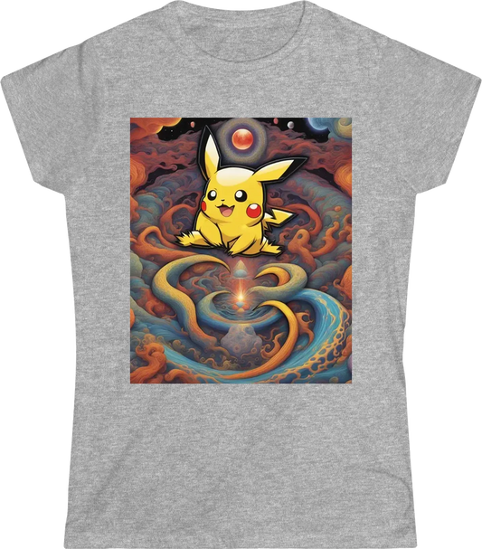 Vivid and otherworldly design Pikachu amalgamating the styles of Jhonen Vasquez and Kentaro Miura. Infuse the color palette from Hirohiko Araki, capture the visual aesthetic of Alex Grey, and evoke a trippy essence. Blend in elements of H.P. Lovecraft and