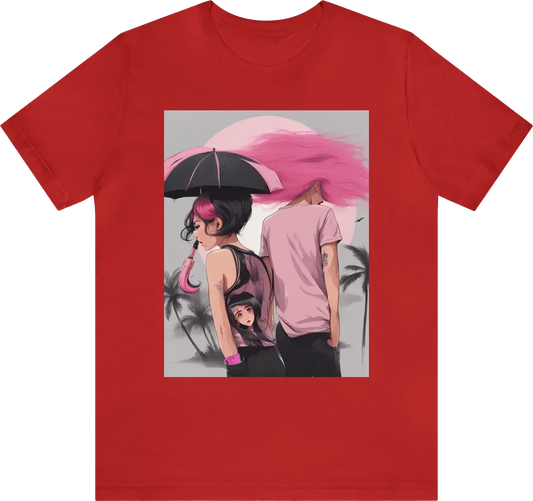 A open hair girl holding umbrela and on back side of tshirt a girl with black pink hair made