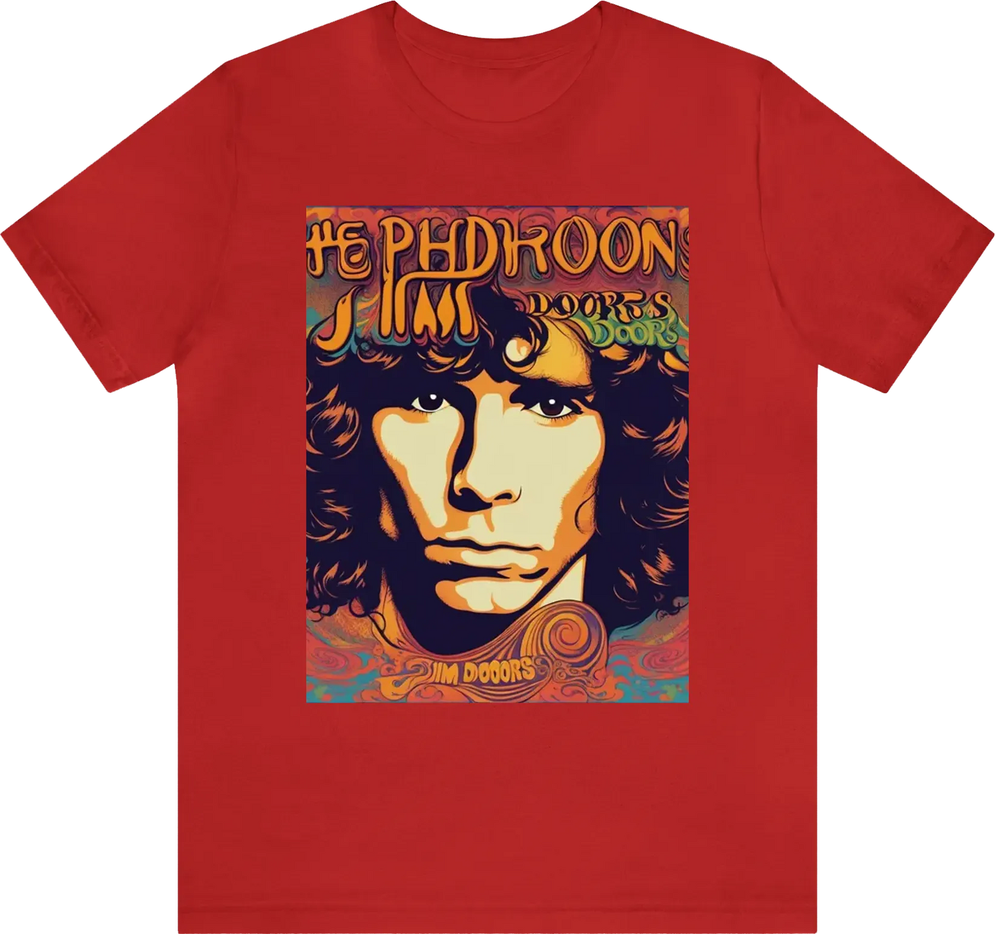 Psychedelic jim morrison's face with "the doors" band logo on solid color text