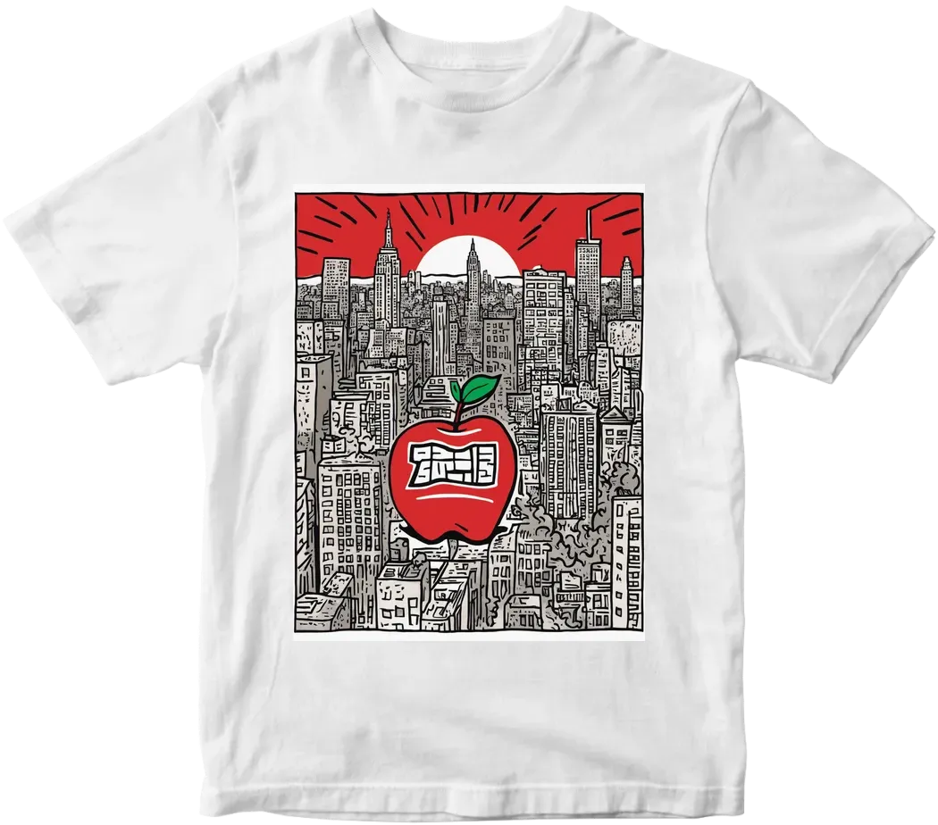 Big red apple, new york city background,  art by keith haring