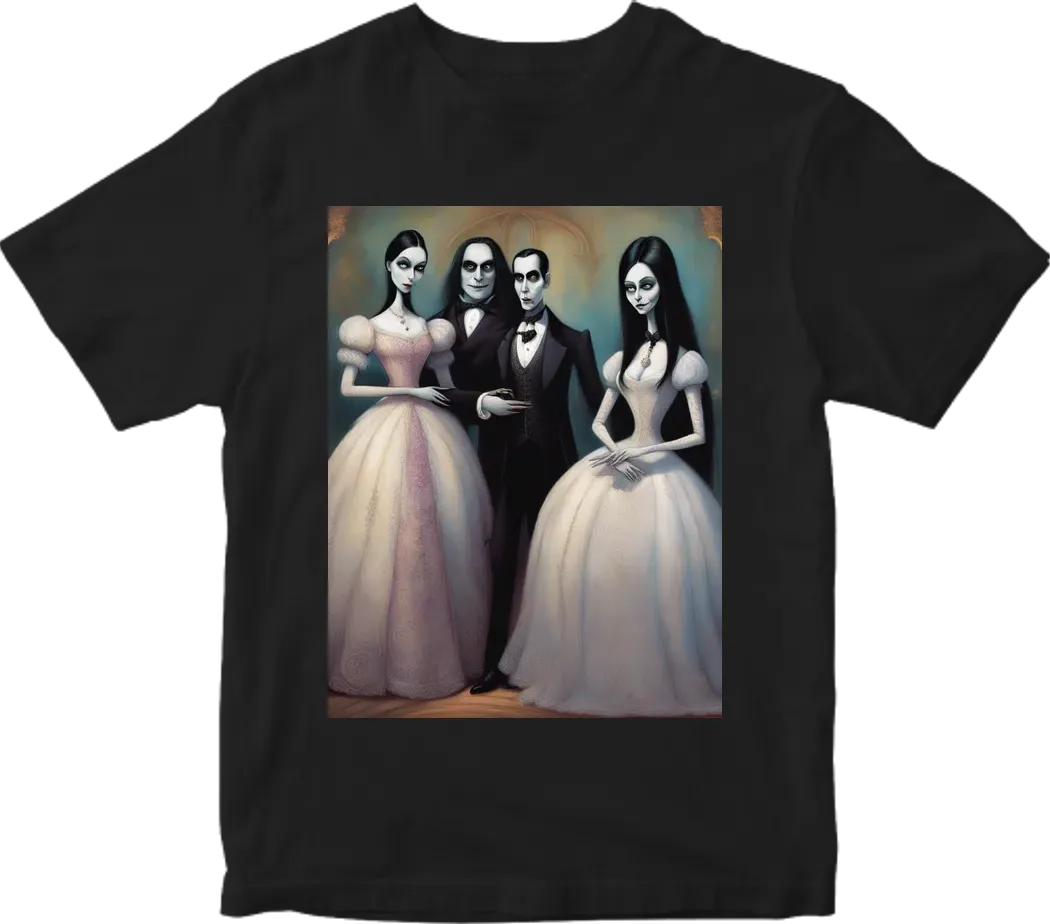 The adams family: morticia, gomez and  wensday  in the style of tim burton's films