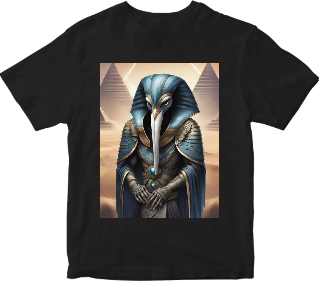 Thoth the atlantian with black finished beak dressed in armor  in realistic cosmic deep space setting with Pyramids and palm tress and a touch