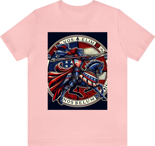 A silhouette of a knight throwing a javelin at an enemy while wearing red/white/blue clothing with anoverall theme of Red and gold using ornate designs to make this the most regal shirt ever created. USE "NOS BELLUM" in the artwork. Reduce the background
