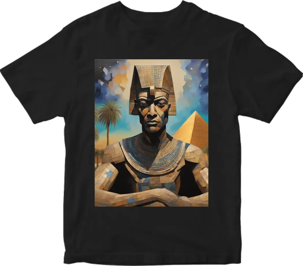 Thoth the atlantian with black finished beak dressed in armor  in realistic cosmic deep space setting over looking the building of the pyramids with Pyramids and palm tress and a touch