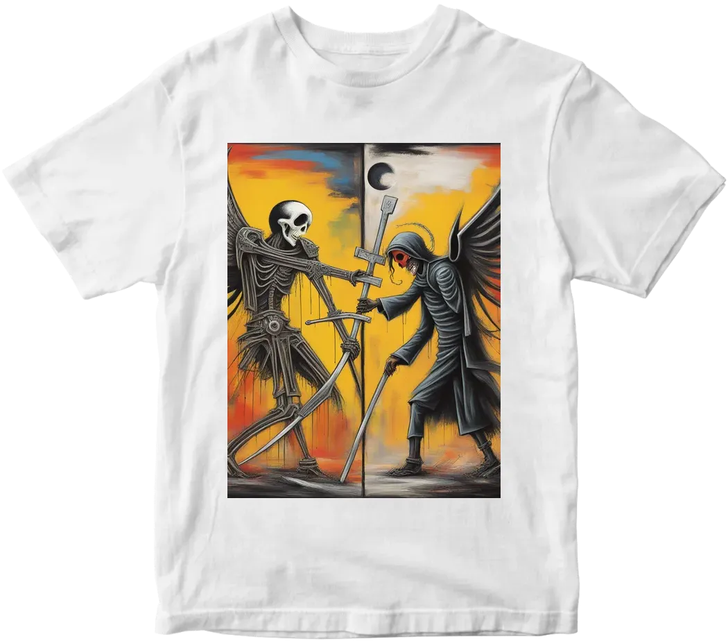 Angel wielding holy cross vs grim reaper wielding scythe facing each other in combat using with ying yang symbol