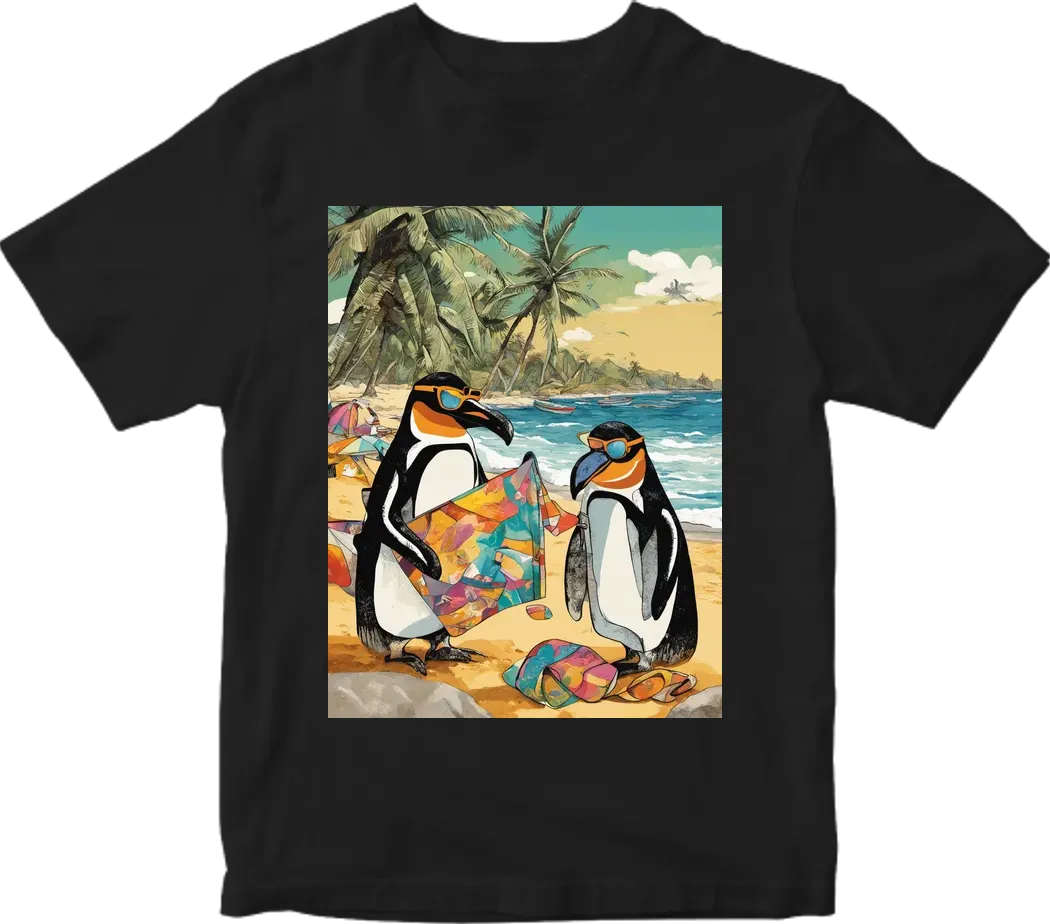 Penguin Beach Vacation: Picture penguins in sunglasses, sunhats, and beach gear lounging on a tropical beach, with palm trees and ocean waves in the background