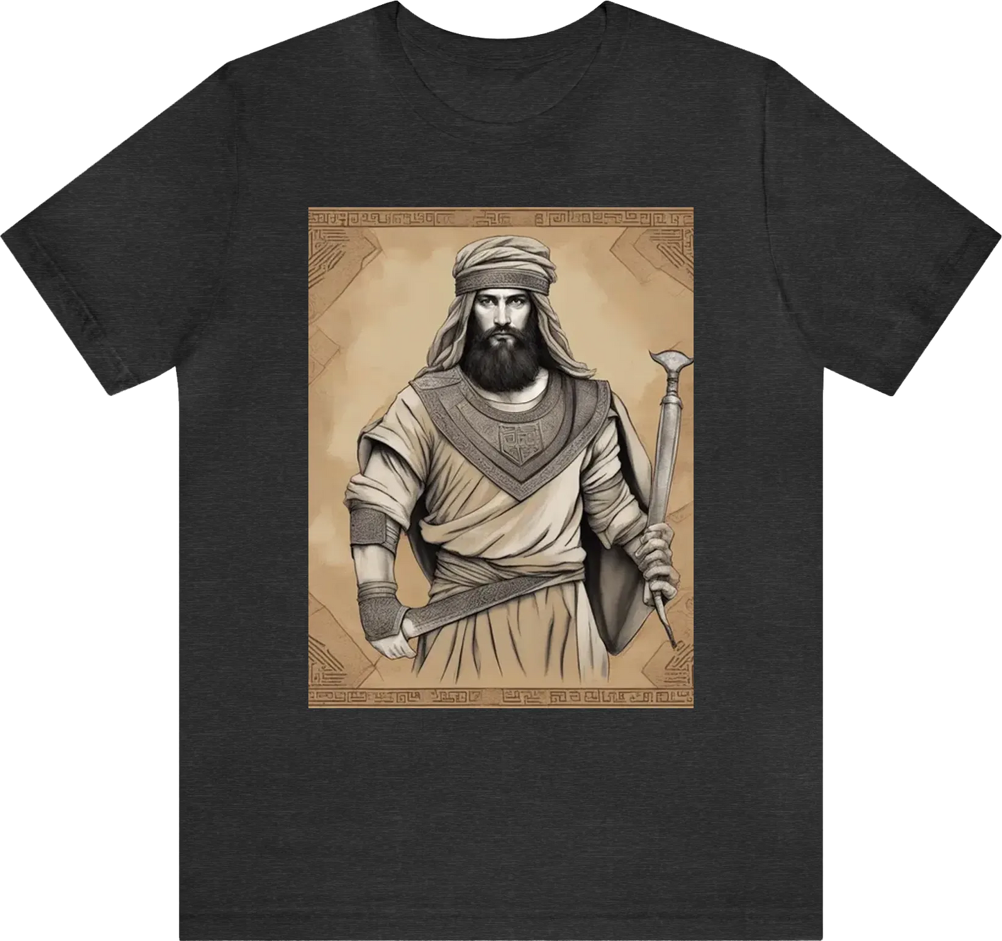 Create a hebrew shirt with warrior of Yeshua in hebrew writing and the image if an ancient hebrew warrior in renaissance style art